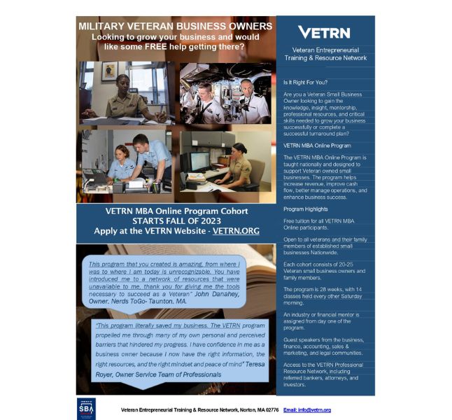 VETRN announces its 2023 MBA Online Program for Veteran and Service-Disabled Veteran Small Business Owners and Family Members